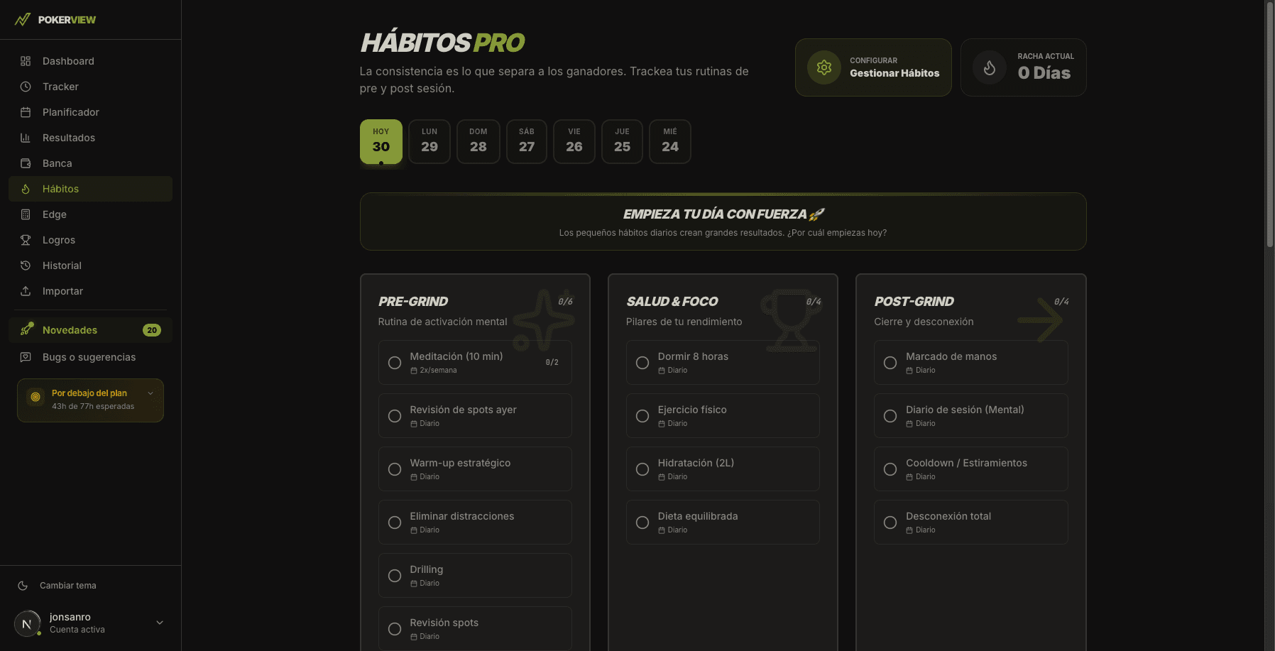 Dashboard de seguimiento de hábitos de poker con métricas de salud, rutinas y correlación con resultados