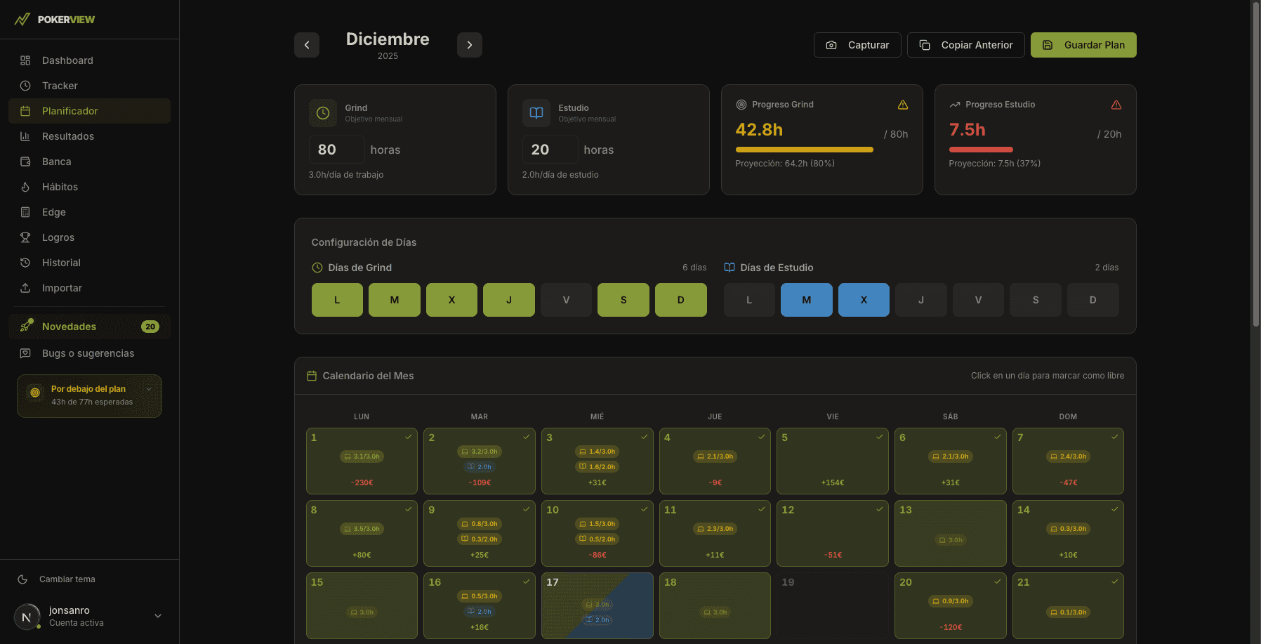 Planificador mensual de sesiones de poker con objetivos, progreso y calendario visual