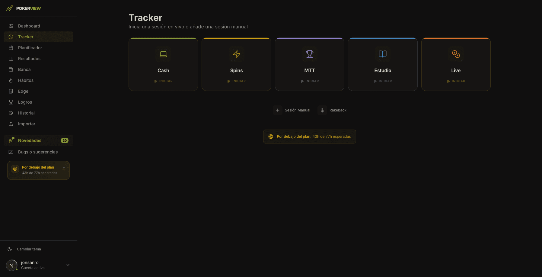 Mockup del tracker de sesiones activas de PokerView